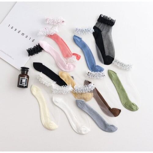 Crystal Thin Socks Spr. Sum. Pearl Lace Cotton Candy Color Womans Ruffle Sukka Floral Korean Style Casual Female Sokken Kawaii