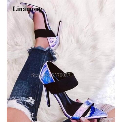 Women Charming Pointed Open Toe Stiletto Heel Ankle Banded Sandals Silver Red Black Slip-on High Heel Sandals Dress Heels Shoes