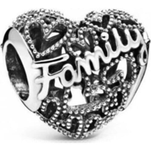 Real 925 Sterling Silver Hollow heart-shaped FAMILY letter charm Fit Original Bracelet