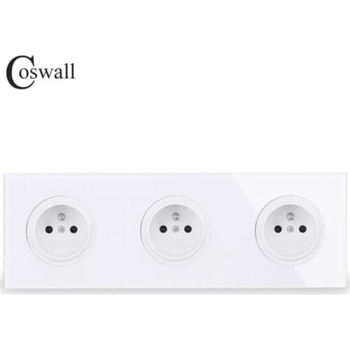 Coswall Crystal Tempered Pure Glass Panel 16A Triple French Standard Wall Power Socket Grounded With Child Protective Lock
