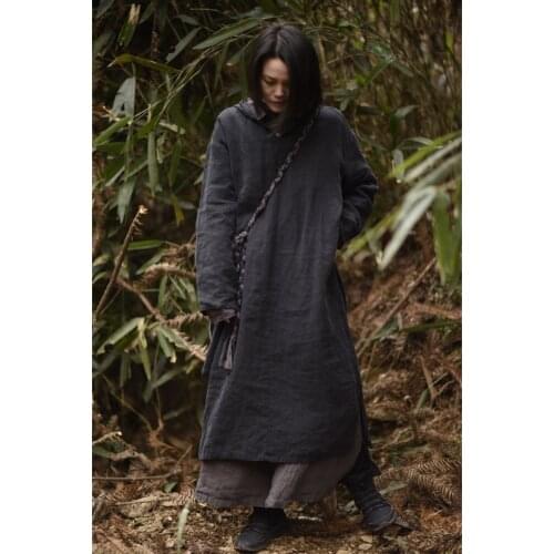 Black Women Dress 2021 Spring Summer Hooded Long Sleeve Thin Vintage Fashion Cotton Linen Robe Female YoYiKamomo