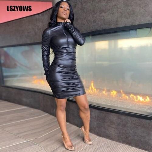 Pu Leather Dress Women Sexy Party Club Wear Long Sleeve Zipper Bodycon Ruched Dress Female Solid Casual Streetwear Mini Dresses