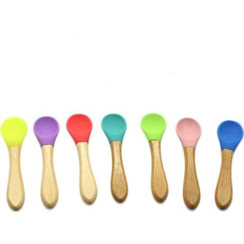Baby Feeding Silicone Scoop Baby Soft-headed Spoons Wooden Silicone Spoon Wooden handle Flatware SN3119