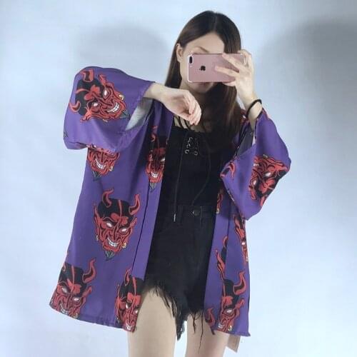 Japanese Kimono Cardigan Men Devil Harajuku Shirt Tops Woman Loose Chiffon Sun-Protective Blouse Haori Yukata Blusas KK3248