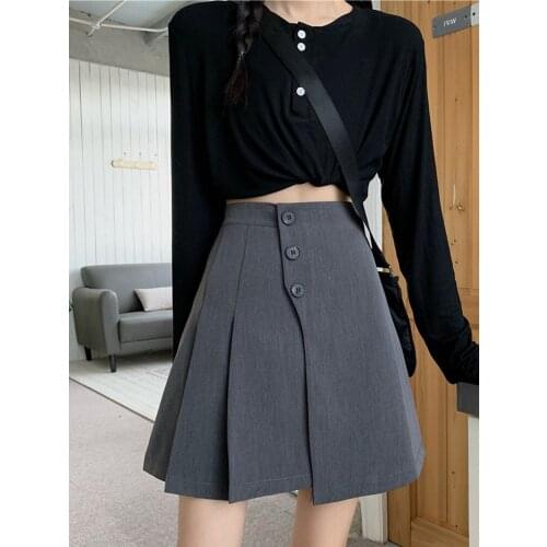 Black Pleated Women Skirts With Buckle High Waist 2021 Summer Streetwear Korean Vintage Short Skirt Femme