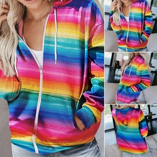 Rainbow Pockets Jacket Coat hooded Women 2020 Fashion hooded Long Sleeve Loose Outerwear Chic Tops