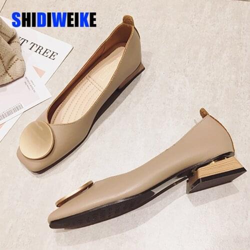 2021 Women Shoes Low Wooden Low Heel Ballet Square Toe Shallow Buckle Brand Shoes Square heel Slip On Loafers zapatos de mujer