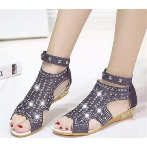 Women sandals PU Sequined Cloth Slip On 3CM Flat heel Round Toe Bling Rhinestones Shallow sandal for women shoes size 35-42