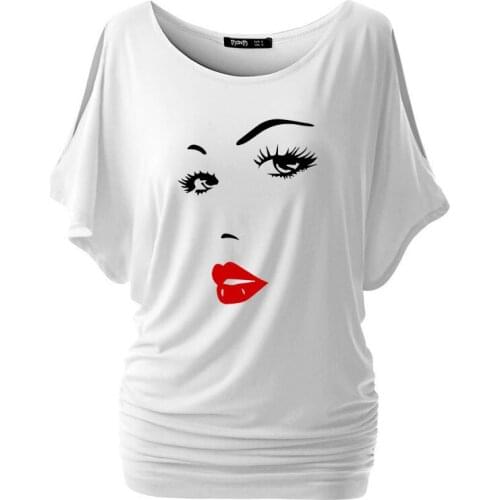 Women Sexy Beauty Salon Face Lips T Shirts Summer Style Batwing Short Sleeve Cotton music Female Girl Tee Tops Plus Size