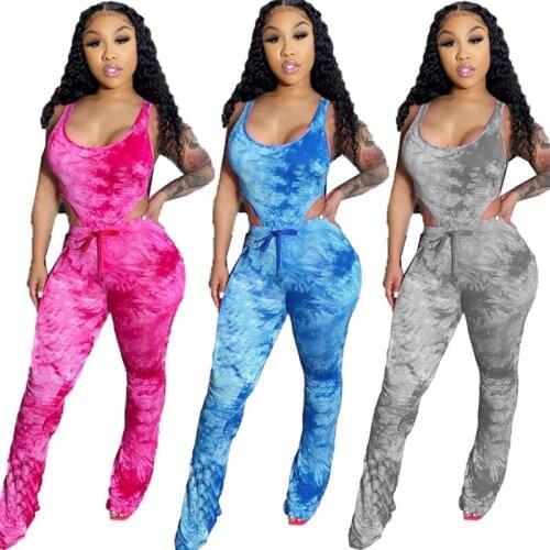 Women Tie Dye Print Two Piece Set Sleeveless Crop Top And Long Legging Skinny Flare Stacked Pants Fashion Two Piece Set For Club