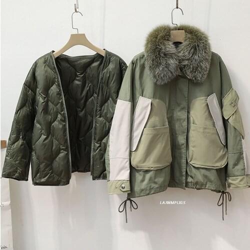 Womens detachable liner white duck down zipper winter clothing real Fox fur collar drawstring down jackets