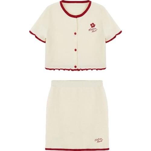 PERHAPS U Women Knitted Apricot Purple O-neck Floral Embroidery Top Mini Skirt Two Pieces Set T0341