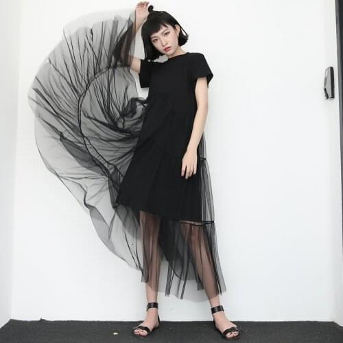T Shirt Dress Women 2021 Summer Long Tees patchwork Mesh black dress women elegant Fake Two Piece Streetwear