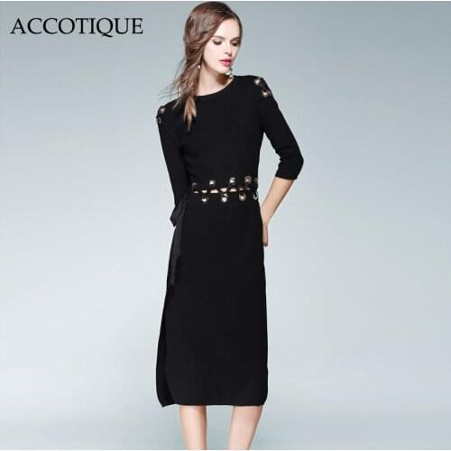 Free Shipping New Autumn Womens Blowhole Black Knee-Length Dress Female Fashion Slim Split Three Quarter Sleeve Dresses