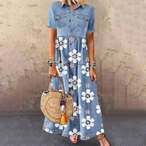 Summer Dress Women Dresses Women Dress Single-breasted Patchwork Short Sleeve Pockets Floral Print Maxi Dress Plus Size
