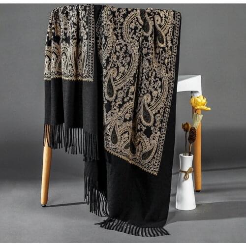 Winter Scarf Women Embroidered Black Paisley Scarf Pashmina Cashmere Warm Tassels Scarves Vintage Shawl Fashion Travel Shawl