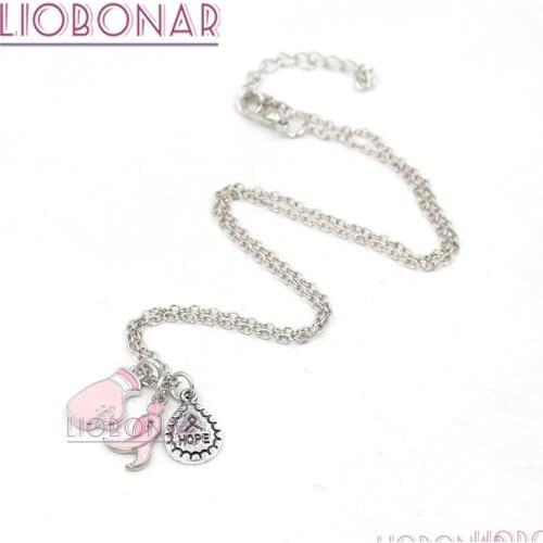 10PCS/LOT Wholesale New Breast Cancer Necklace, Pink Ribbon Hope Fighting Gloves Necklace for Breast Cancer Awareness Gift