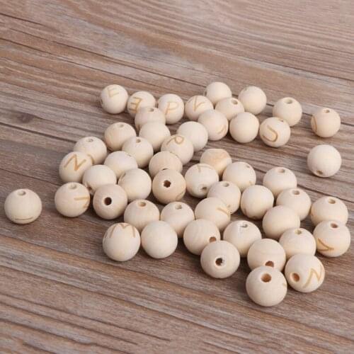 50 Pcs Natural Wooden Beads Round DIY Necklace Bracelet Letter Baby Teether Toys
