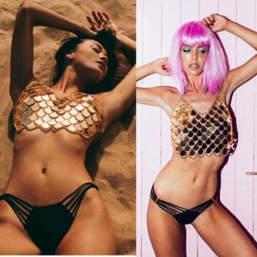 Women Metal Crop Tops Backless Fish scale Bra lette Tops Summer Beach Party Club Sequin Women Bikini Bar