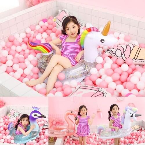 Children Shiny Rainbow Unicorn Inflatable Seat Float Float Flamingo Swimming Ring Baby Kids Gift Summer Party Pool Toys Beach