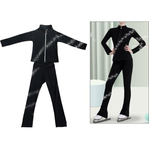 Girls Children Figure Skating Suit Outfit Ice Skating Jacket Pants Set Crystal Skating Set Skiing Training Pants Skating Suit