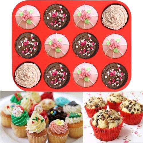 Hot Sale Non-Stick 12 Cups Cupcake Muffin Pan Fondant Kitchen Bakeware Foodgrade Silicone Metal Baking Tray Mousse Cake Mold