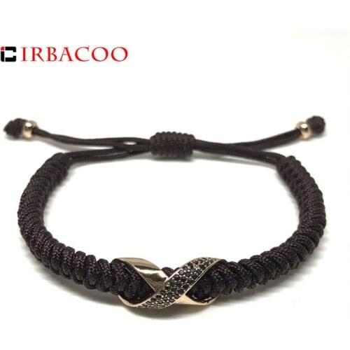 IRBACOO Men Bracelet Gold Cubic Zirconia Charm With Reddish Brown String Macrame Braided Bracelet For Men Jewelry Gift