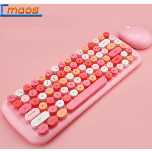 2.4G Wireless Keyboard Mouse Combos Candy Color Pink Girl Roud Keycap Keyboard for Notebook PC Girls Giftand Mouse