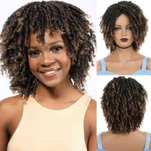 LINGHANG Dreadlock Curly Wig Short Synthetic Twist Natural Black /1b 30 Ombre Brown For Black Women and Men Afro Curly Hair Part