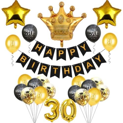 Black Gold Number 16 18 30 40 50 60 70 Birthday Banners Set Giant Foil Crown Confetti Latex Balloons Birthday Party Decorations