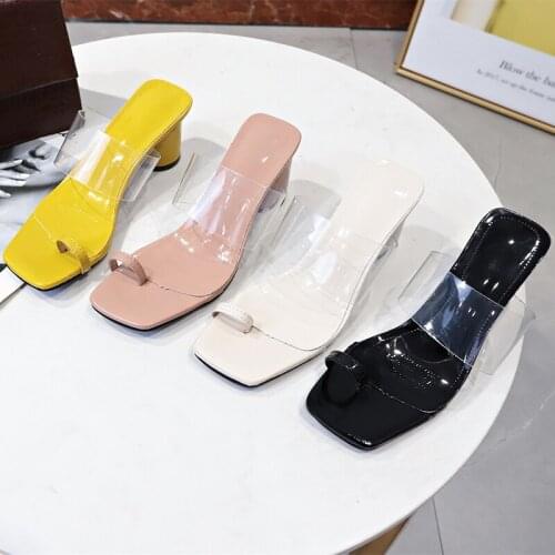New Yellow Slides Women 6cm High Heels PVC Mules Fetish Summer Sandals Female Transparent Girls Block Low Heels Slippers Shoes