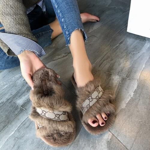 Winter Shoes Woman 2021 Fluffy mules Flat Home Rabbit Fur Womens Indoor Warm Soft Slip House Slipper luxury flat shoe
