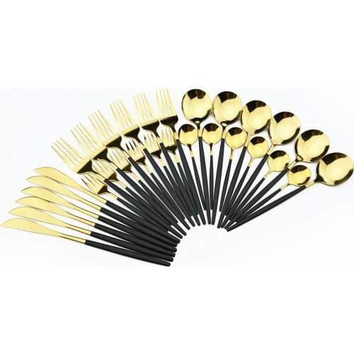 6People Black Gold Cutlery Set Stainless Steel Dinnerware Knife Cake Fork Coffee Spoon Tableware Kitchen Silverware Dropshipping