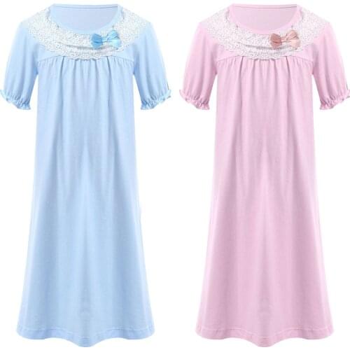 Oyolan Kids Girls Princess Nightgown Cotton Lace Nightdress Pink Bowknot Ruffled A-line Pajama Children Casual Robe Sleepwear