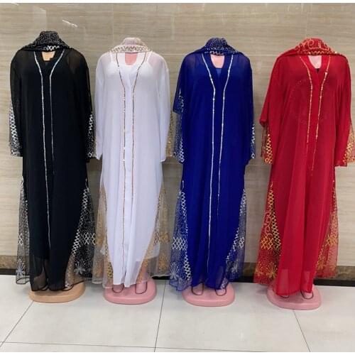 New Style African Womens Clothing Dashiki Abaya Fashion Chiffon Fabric Sequins Embroidery Loose Dress Free Size + Scarf 2 Piece