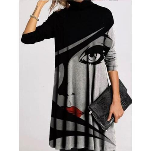 2020 Winter Turtleneck Warm Vintage Print Dress Women Autumn Elegant Long Sleeves Patchwork Dresses Female Casual Loose Vestidos