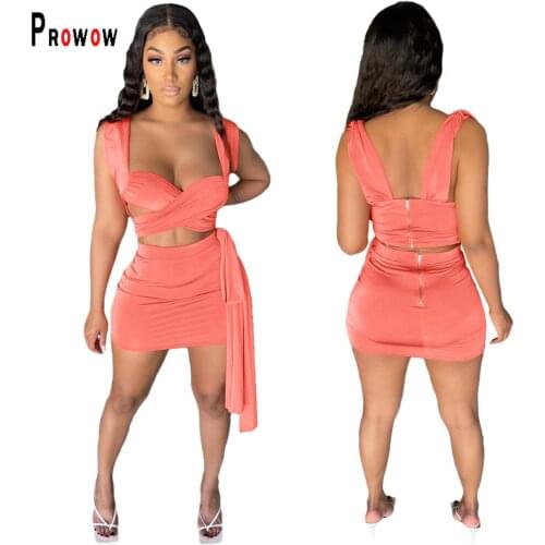Prowow Sexy Women Clothing Set Corss Corset Tops Zipper Skirt Two Piece Matching Suits for Lady New Summer Solid Female Outfits