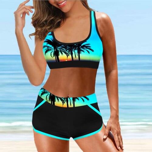 Plus Size Bikini Women Print Swimwear Sport Style Swimsuit Shorts Biquini High Waist Tankini Crop Top Bathing Suit Mujer Beach