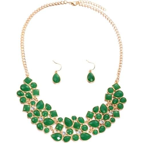 Luxury Green Rhinestone Crystal Wedding Jewelry Sets Short Chain Choker Necklaces With Green Waterdrop Earrings Girls Gifts