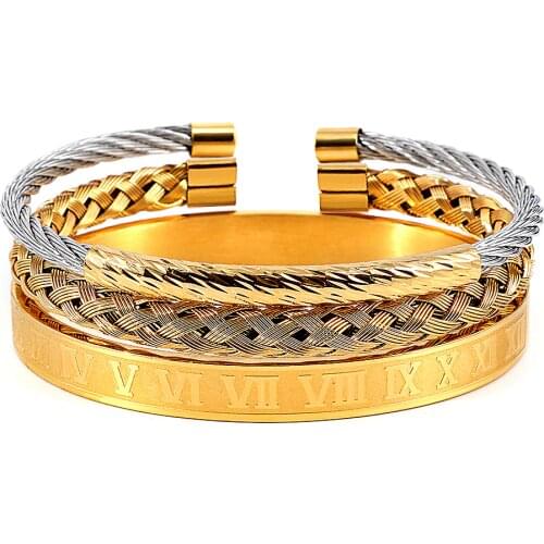 Luxury Bracelet Cable Set Stainless Steel Beads Bracelet Hip Hop Men Jewelry Charm Brangle Carving Roman Numeral Male Bracelet