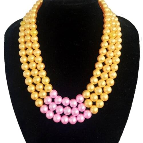 Handmade Three Layers Lines Yellow Pink Pearl Choker Necklaces Pearl Statement Women Jewelry