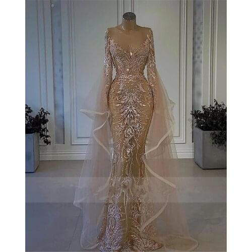 Sexy Formal Women Mermaid Evening Dresses For Dubai Arabic 2021 Full Lace Long Flare Sleeves V Neck 3D Flower Formal Party Gown