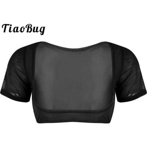 TiaoBug Fashion Women Soft Mesh See Through Sheer Crop Top Short Sleeve Open Bust Sexy Female Transparent Club Party Tank Top