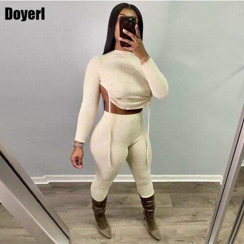 Knit Ribbed Backless Bodycon 2 Piece Sets Skinny Drawstring Tracksuit Set Crop Top Pants Set Night Party Club Outfits for Women