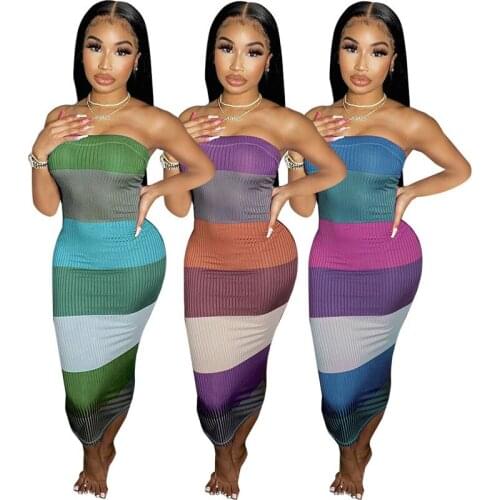WJFZQM Sexy Off Shoulder Dress Elegant Party Casual Midi Dress Women Sleeveless Patchwork Bodycon Striped Rainbow Dress 2021