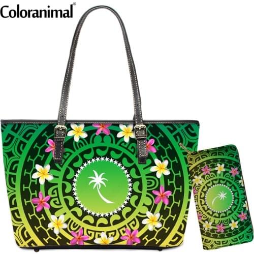 Coloranimal Chuuk Flag With Polynesian Plumeria Gradient Printed Women Handbag 2Pcs/Set Shoulder Bag&Purse PU Leather Tote Bolsa