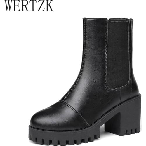 Women Ankle Boots Zipper Square Heels PU Leather Platform Solid Ladies Boots Plush Warm Thick Bottom Female Winter Shoes Fashion