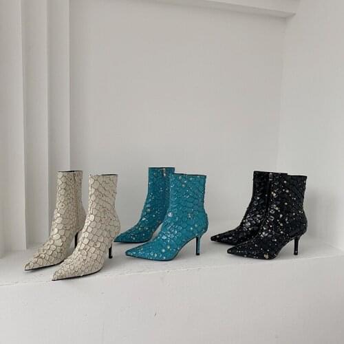 2022 New Arrivals Women Fashion Party Boots Thin High Heels Side Zipper Blue Beige White Elegant Shoes Winter Autumn Booties