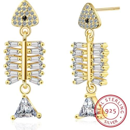 Authentic 925 Sterling Silver Cat Love Fish Bone Small Stud Earrings for Women Clear CZ Sterling Silver Jewelry VES6128
