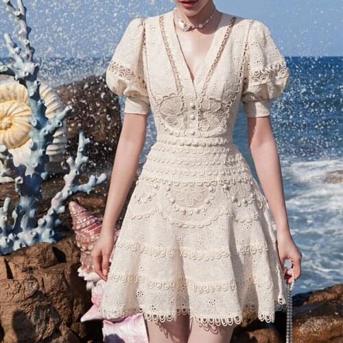 New Embroidery Lace Elegant Dress Woman Summer V-neck High Waist Mini Bodycon Woman Clothing Vintage Party Dresses Hollow Out